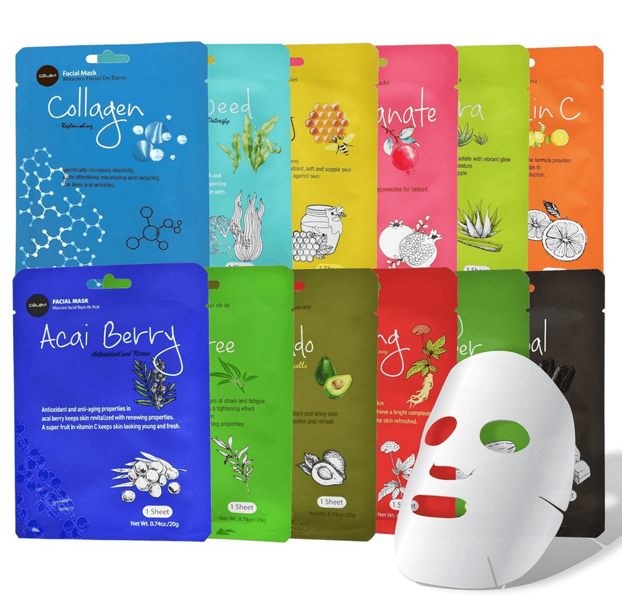 Celavi Essence Facial Sheet Face Mask Variety Set Classic Authentic Korean Moisturizing Skincare (12-Packs)