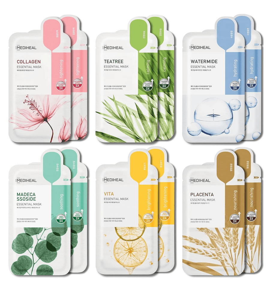 Mediheal Sheet Mask New Essential HERO 12 pack (Collagen, Tea Tree, Placenta, Madecassoside, Vita, Watermide)