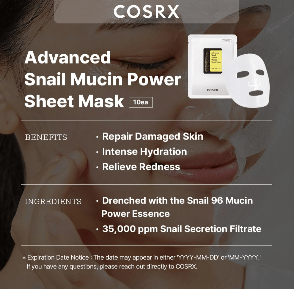 COSRX Snail Mucin Sheet Mask 10 EA, Snail Essence Leave-on Face Masks for Dry, Acne prone, Sensitive Skin