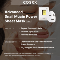 COSRX Snail Mucin Sheet Mask 10 EA, Snail Essence Leave-on Face Masks for Dry, Acne prone, Sensitive Skin