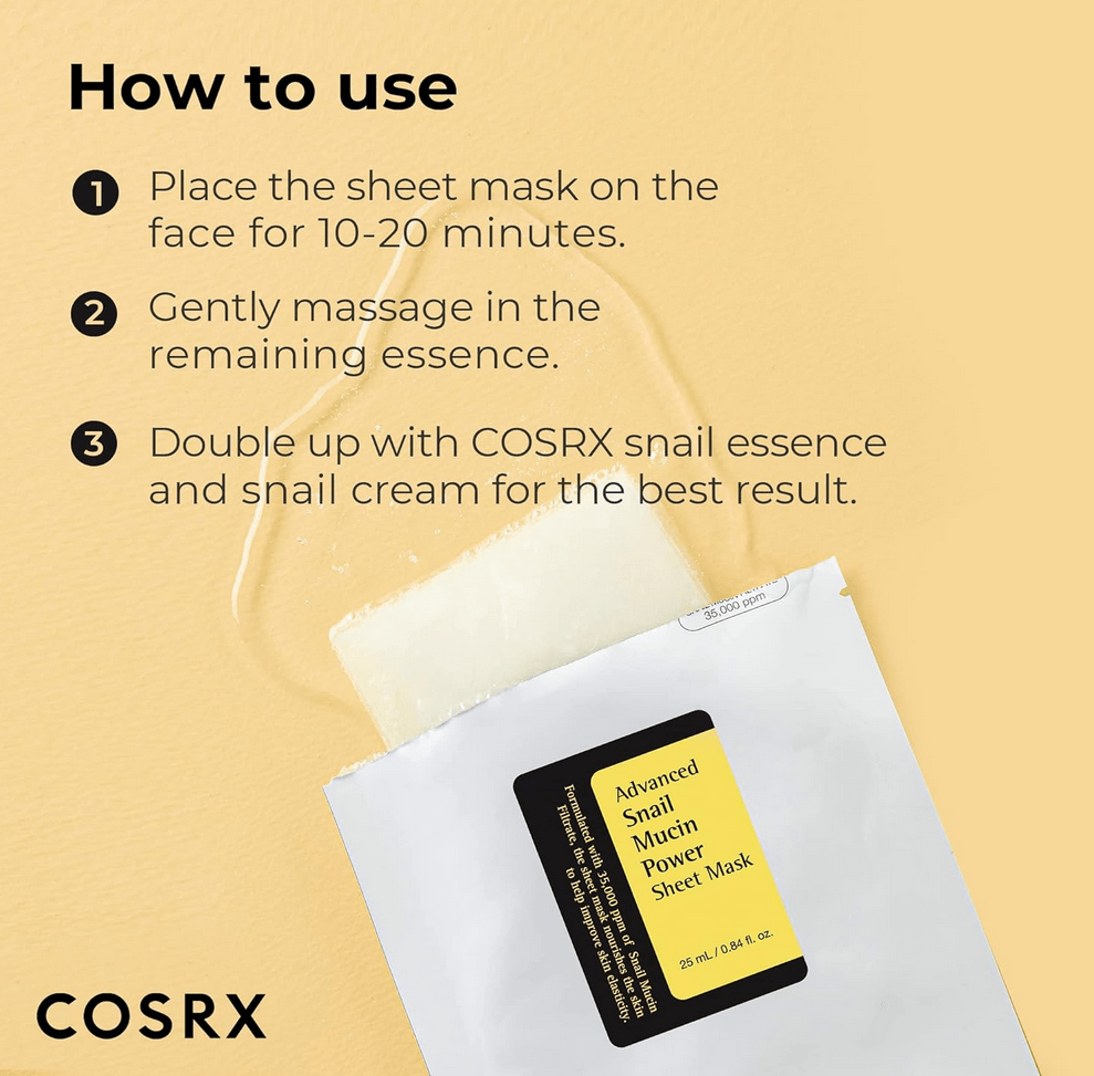 COSRX Snail Mucin Sheet Mask 10 EA, Snail Essence Leave-on Face Masks for Dry, Acne prone, Sensitive Skin