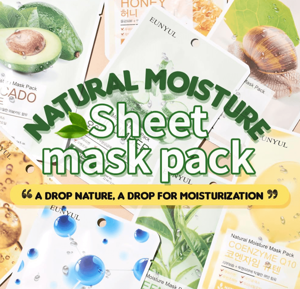 Natural Sheet Mask Pack 10 types Korean Skincare Facial Mask Pack Aloe, Collagen, Pearl, Hyaluron, Avocado,  - Pack of 10