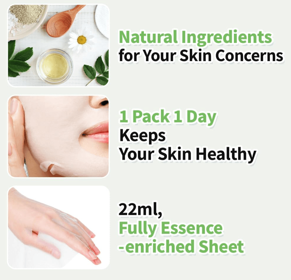 Natural Sheet Mask Pack 10 types Korean Skincare Facial Mask Pack Aloe, Collagen, Pearl, Hyaluron, Avocado,  - Pack of 10