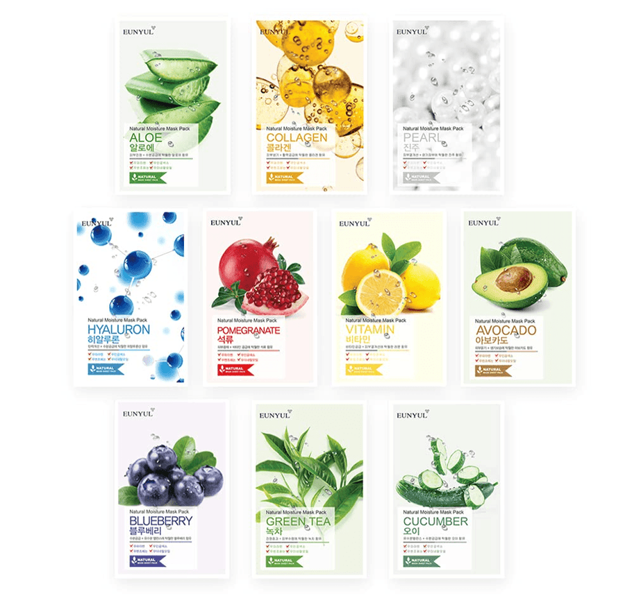 Natural Sheet Mask Pack 10 types Korean Skincare Facial Mask Pack Aloe, Collagen, Pearl, Hyaluron, Avocado,  - Pack of 10